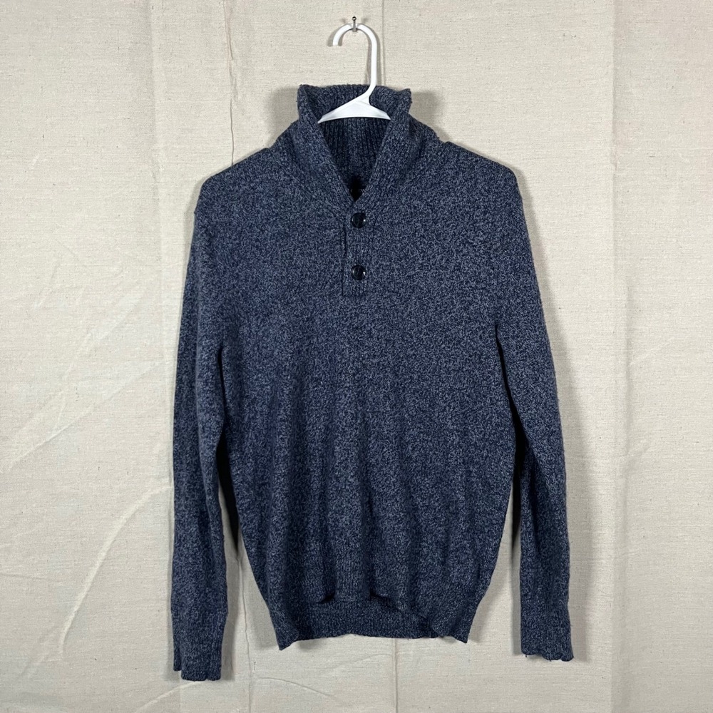 J. Crew Men's Shawl Collar Button Pullover Sweater Blue Marled Knit Small